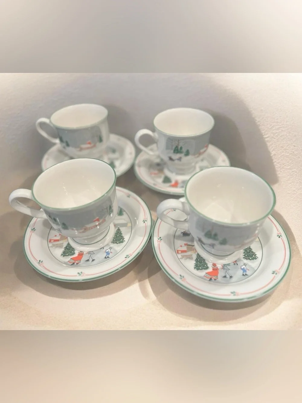 17 piece vintage Sango Skating Christmas/Winter Ceramic dinnerware.